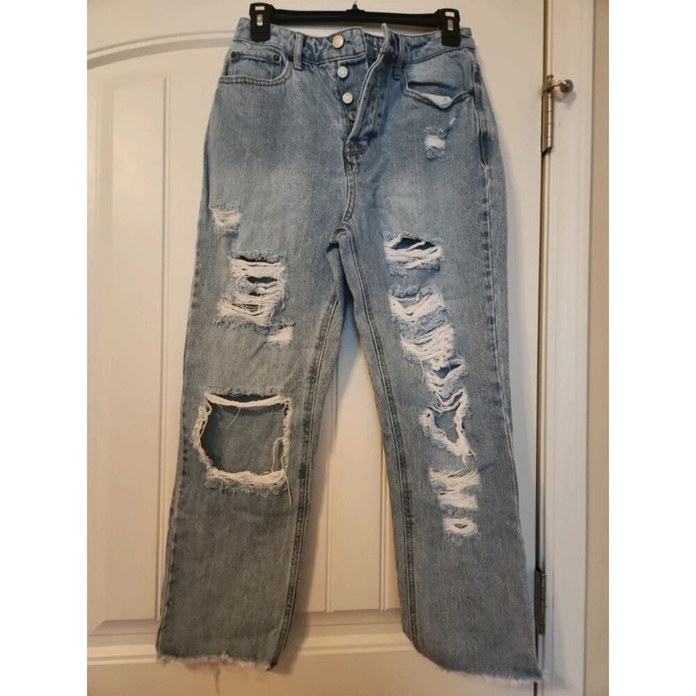 Juniors (7) Vanilla Star Button Fly Ripped Boyfriend Blue Jeans